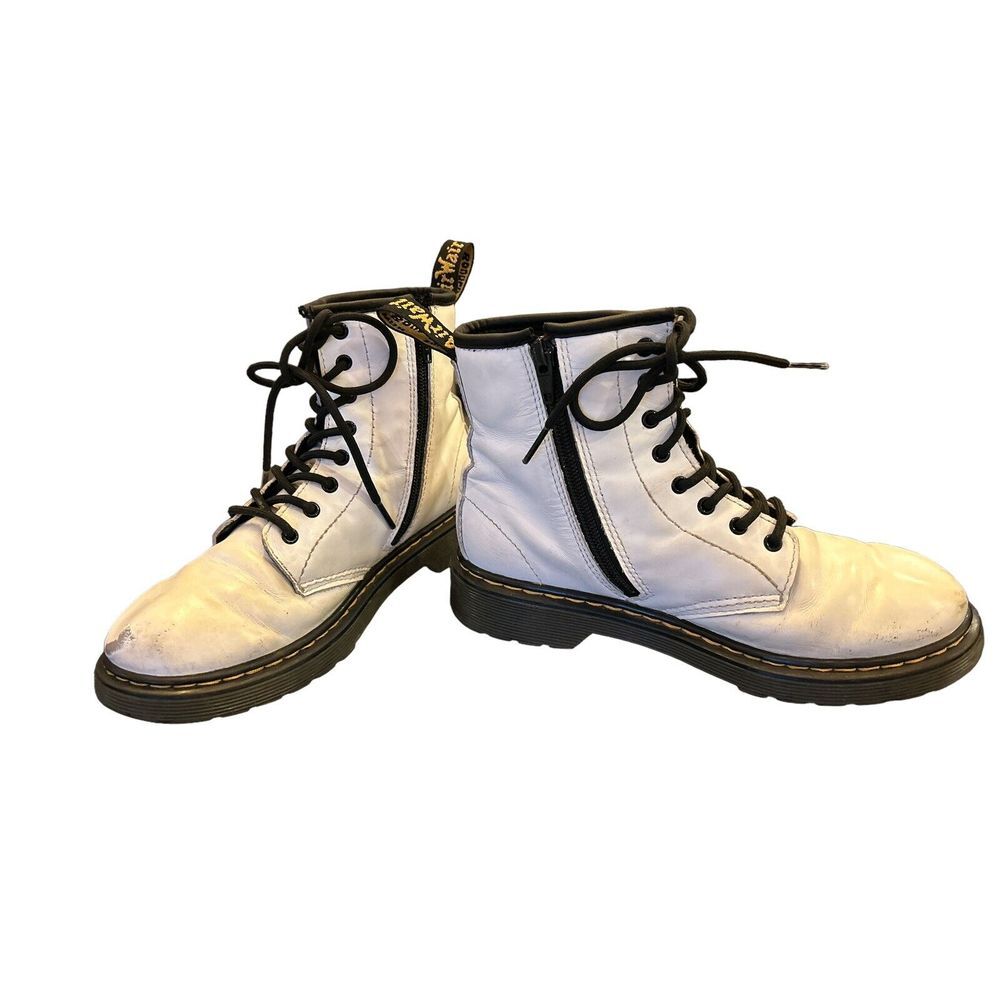 Dr‎ Doc Martens 1460J Combat Boots Youth Size 4 White Leather Lace Up Side Zip